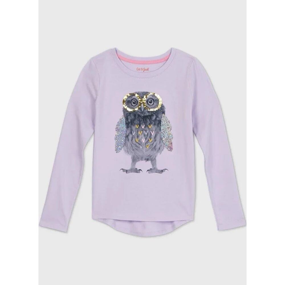 Cat & Jack Girl's Blouse Purple With Sequin‎ Owl Long Sleeve Size Medium 7/8